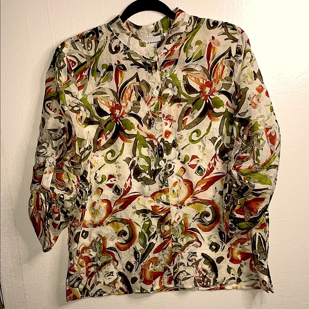 Alfred Dunner Floral Sheer Button-Up Blouse Size 14P 3/4 Roll Tab Sleeve